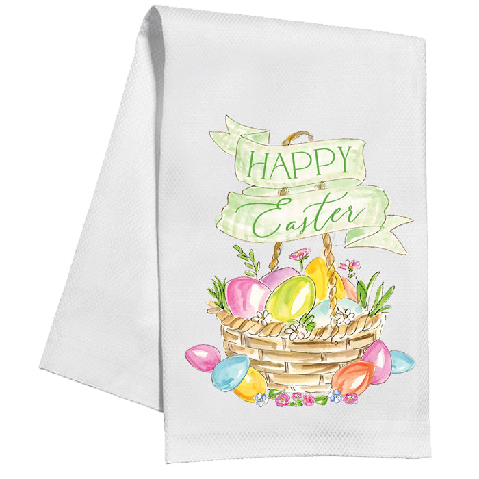 Handpainted Happy Easter Basket of Easter Eggs Kitchen Towel