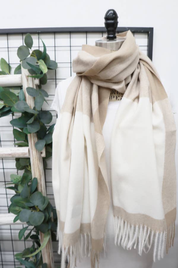 Two Tone Plaid Cashmere Scarf With Tassel