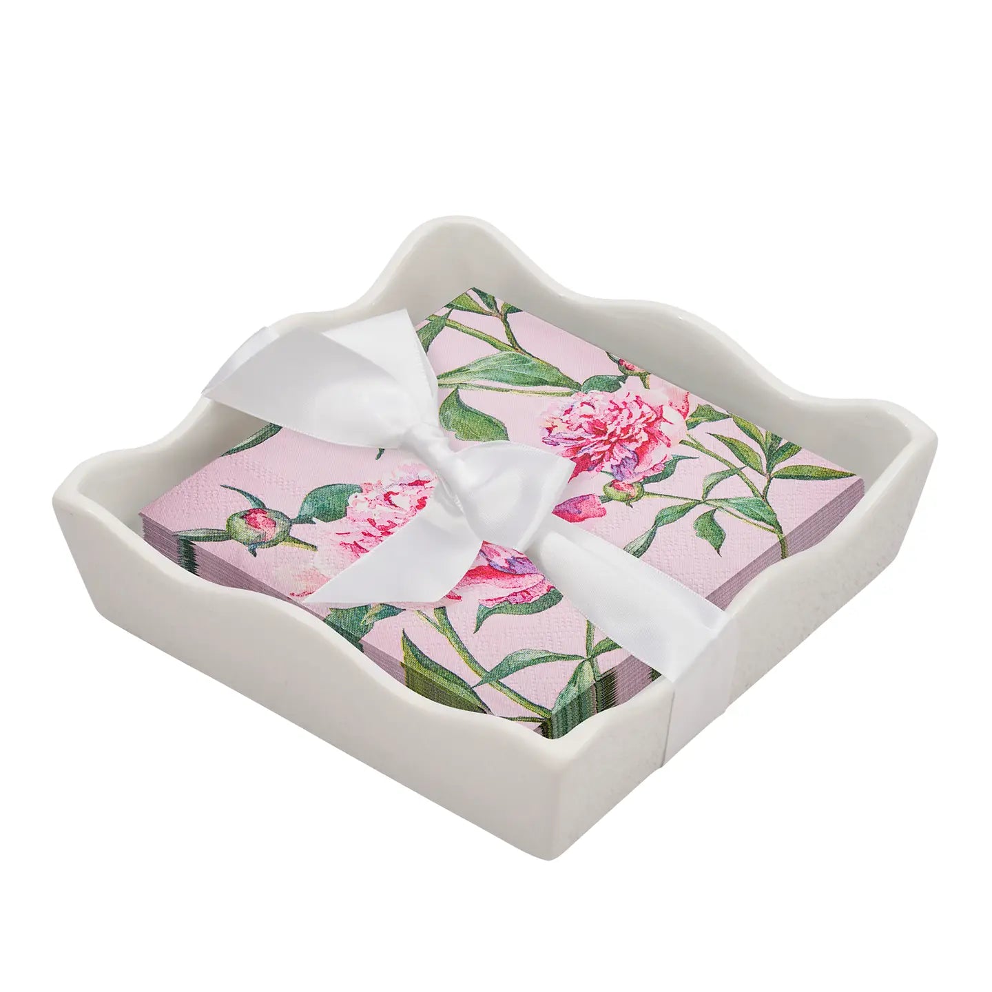 Ceramic Wave Napkin Tray with Cocktail Napkin - Pink Peonies