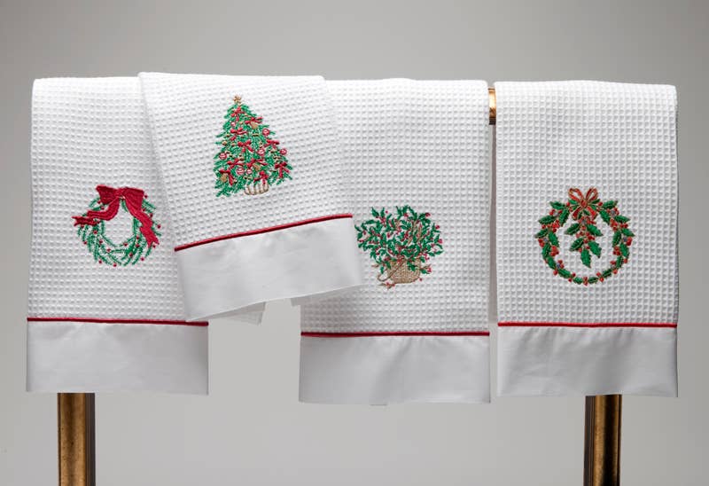 Guest Towels, Waffle Weave and Satin Trim - Christmas Tree