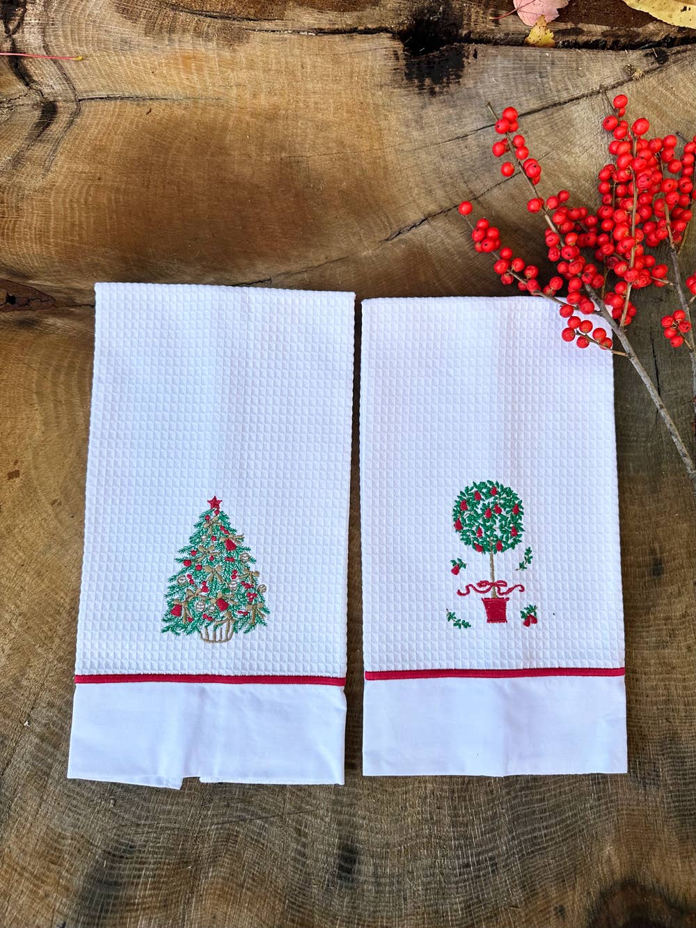 Guest Towels, Waffle Weave and Satin Trim - Christmas Tree