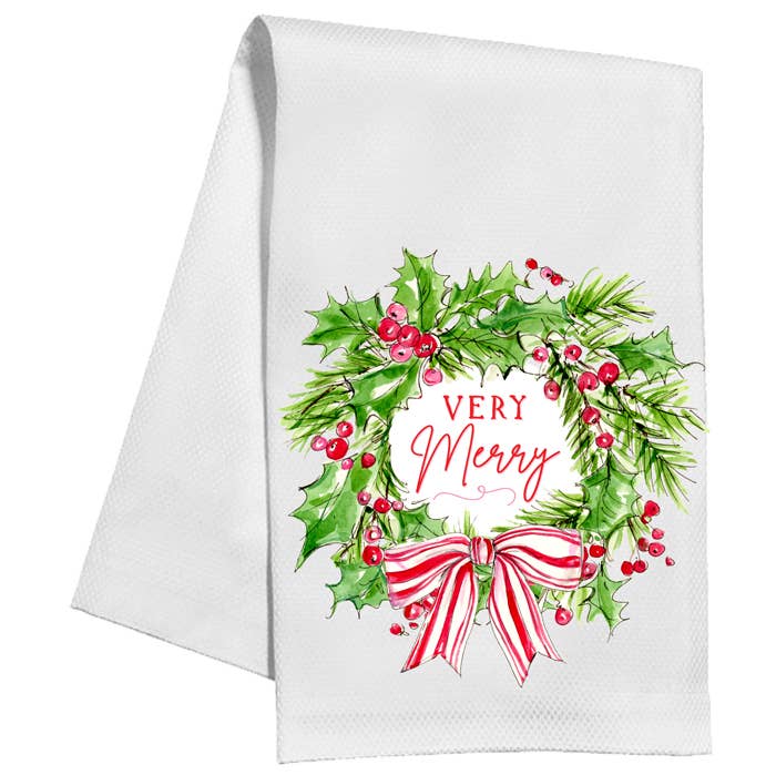 Very Merry Christmas Wreath Red Striped Bow Kitchen Towel