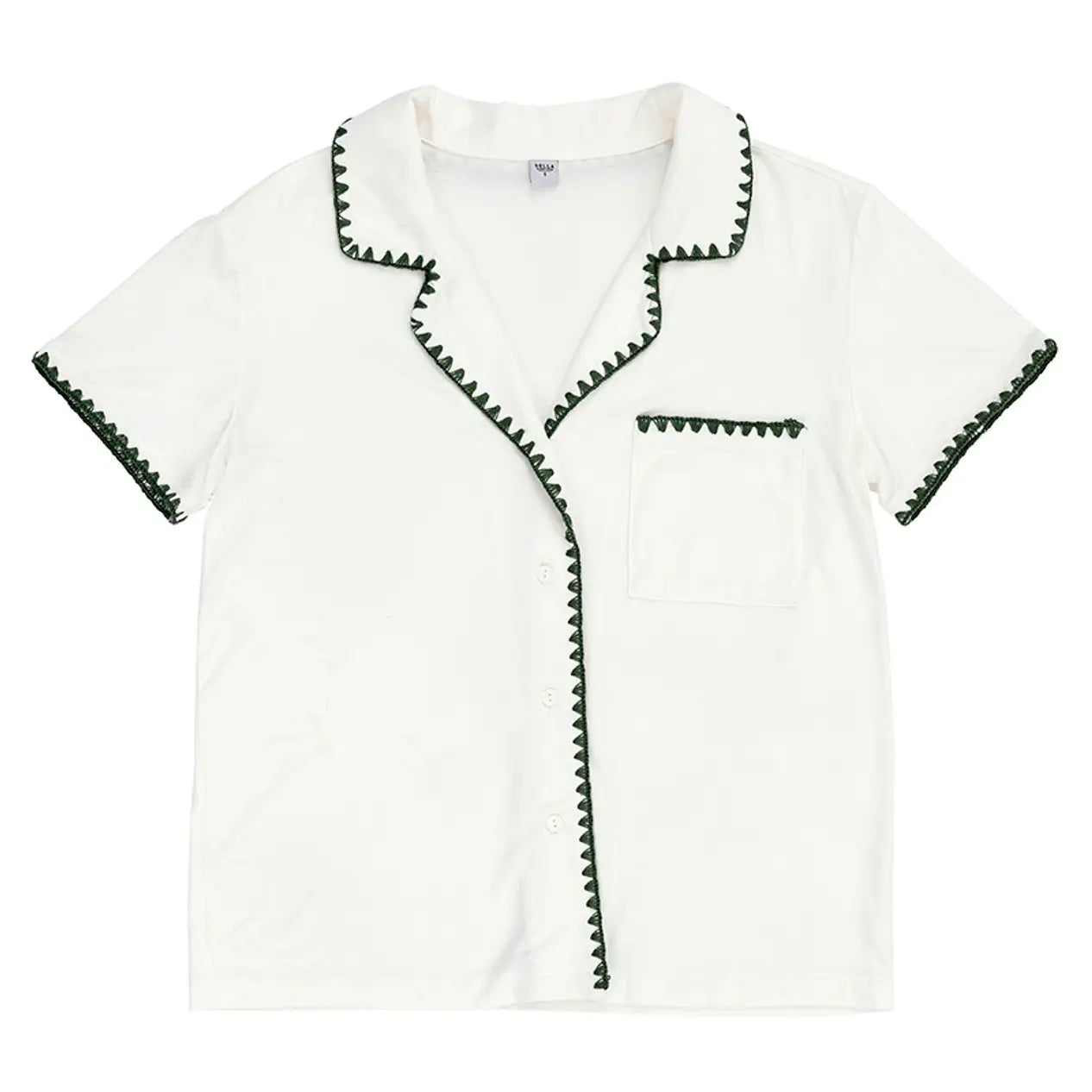 Short Bamboo Pj Set - White + Forest Green Whip Stitch