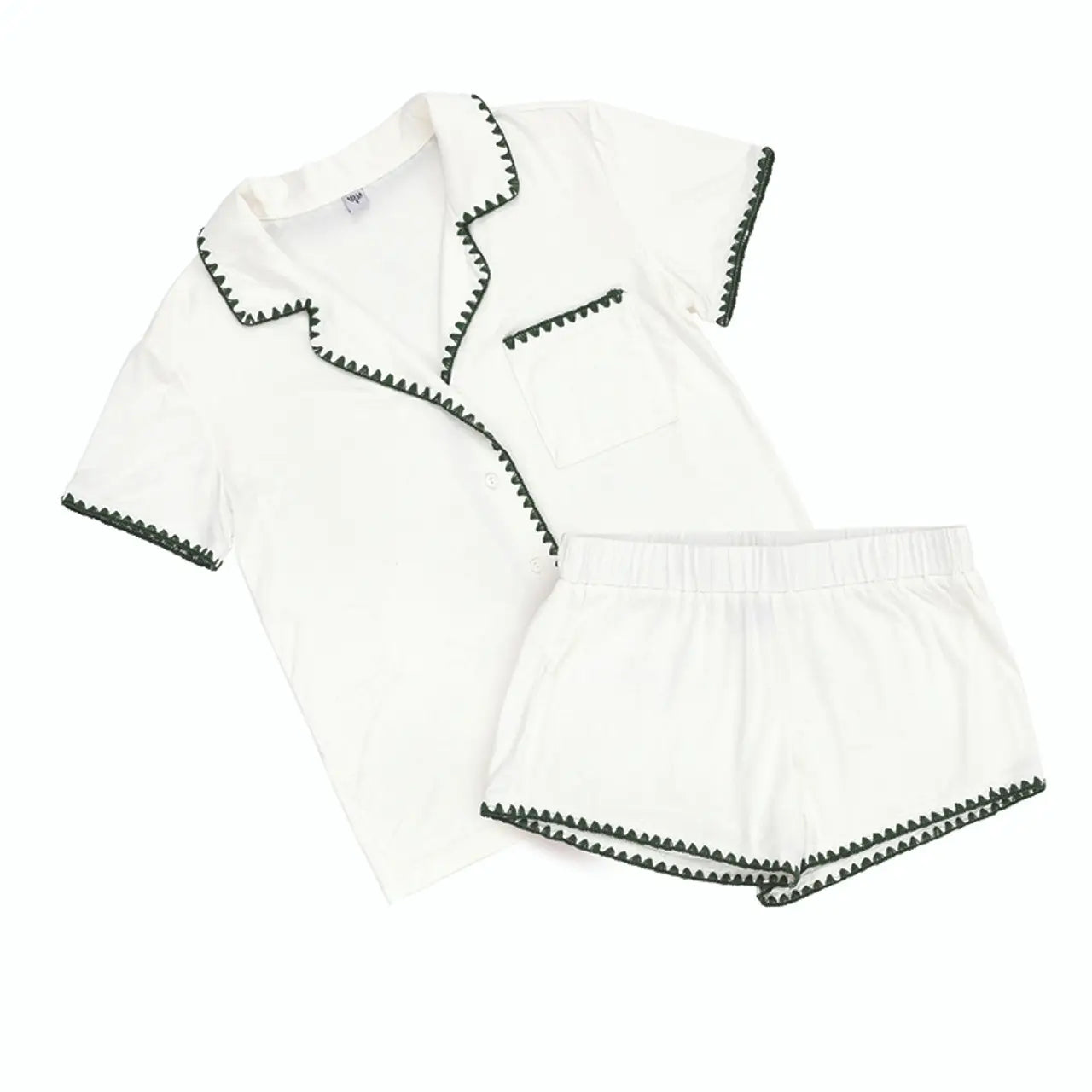 Short Bamboo Pj Set - White + Forest Green Whip Stitch