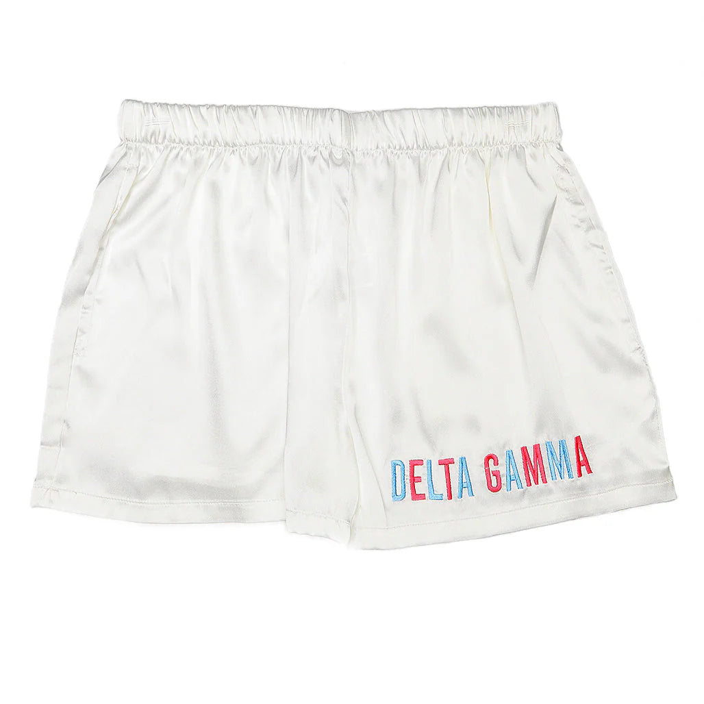 Sorority Embroidered Satin Shorts, Assorted