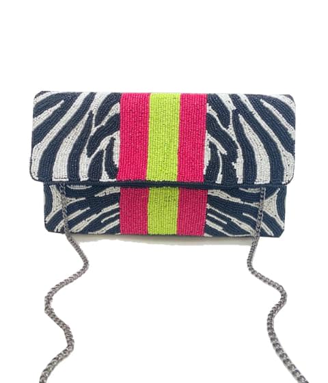 Zebra Print Beaded Clutch w/ Pink and Green Stripes