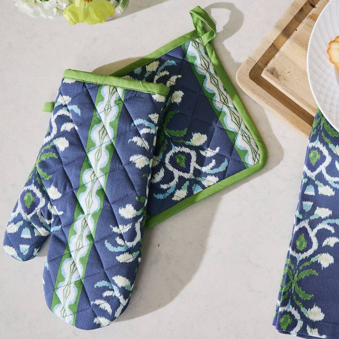 Rosemary Stripe Indigo Oven Mitt and Pot Holder Set