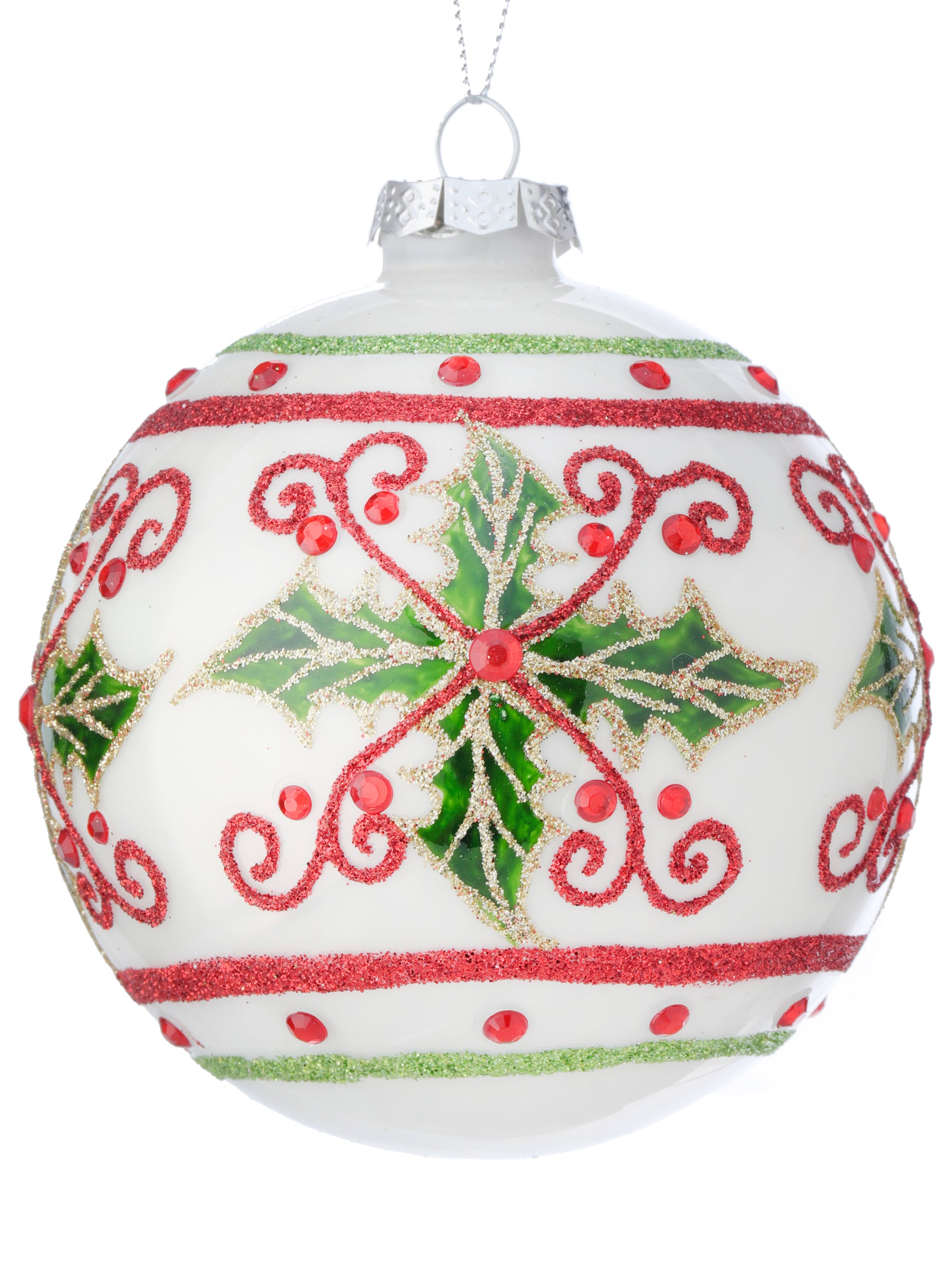 4" Jewel Holly Scroll Ball Ornament