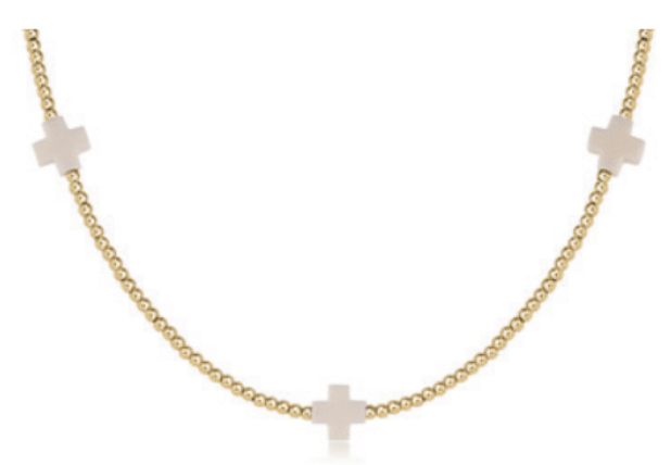 15" Choker Beaded - Signature Cross 2mm Gold - Off White