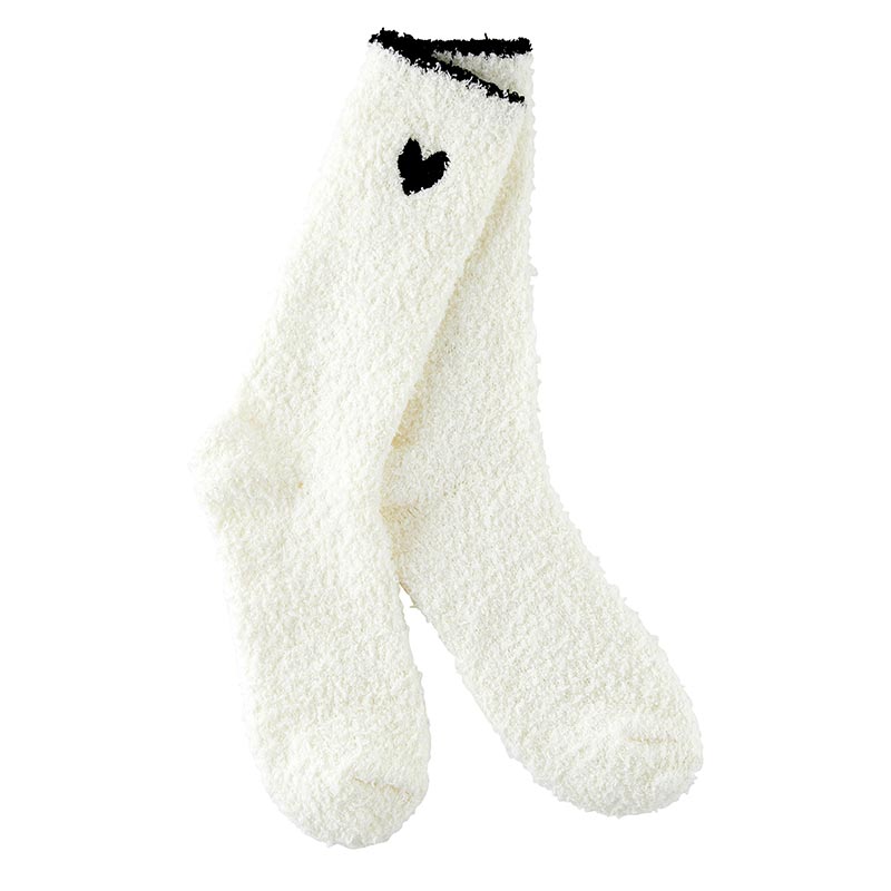 Ivory Cozy Socks - Black Trim + Black Heart