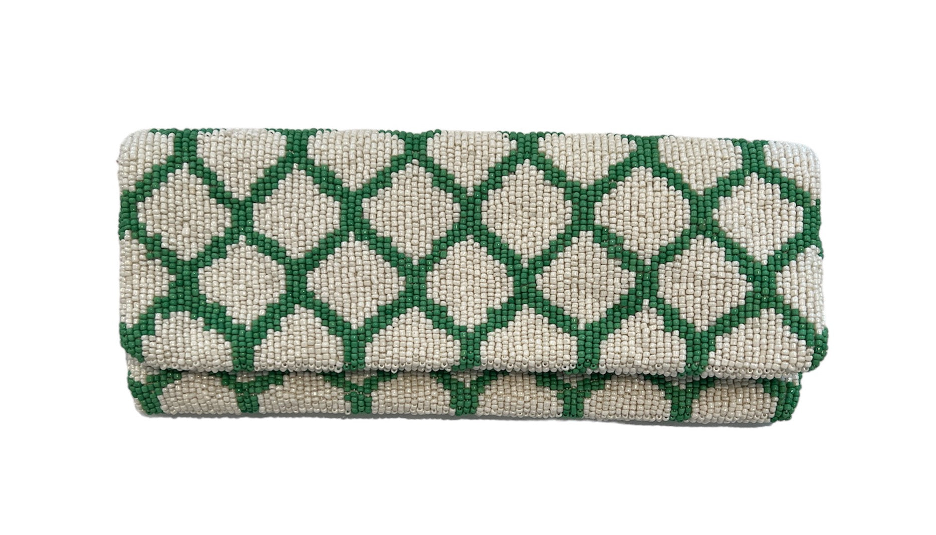 Green and White Beaded Clutch Palm Leaves Beaded Clutch, Seed Bead Clutch Bag, Beaded  main image 2