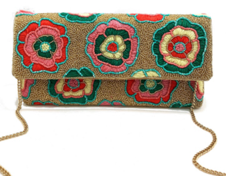 Gold Beaded Clutch Multi-Colored Floral Embroidery