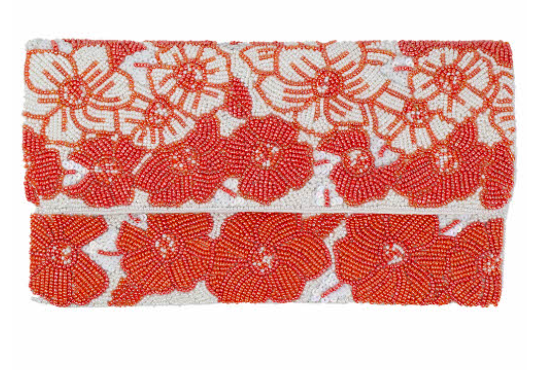 Coral Beaded Floral Clutch