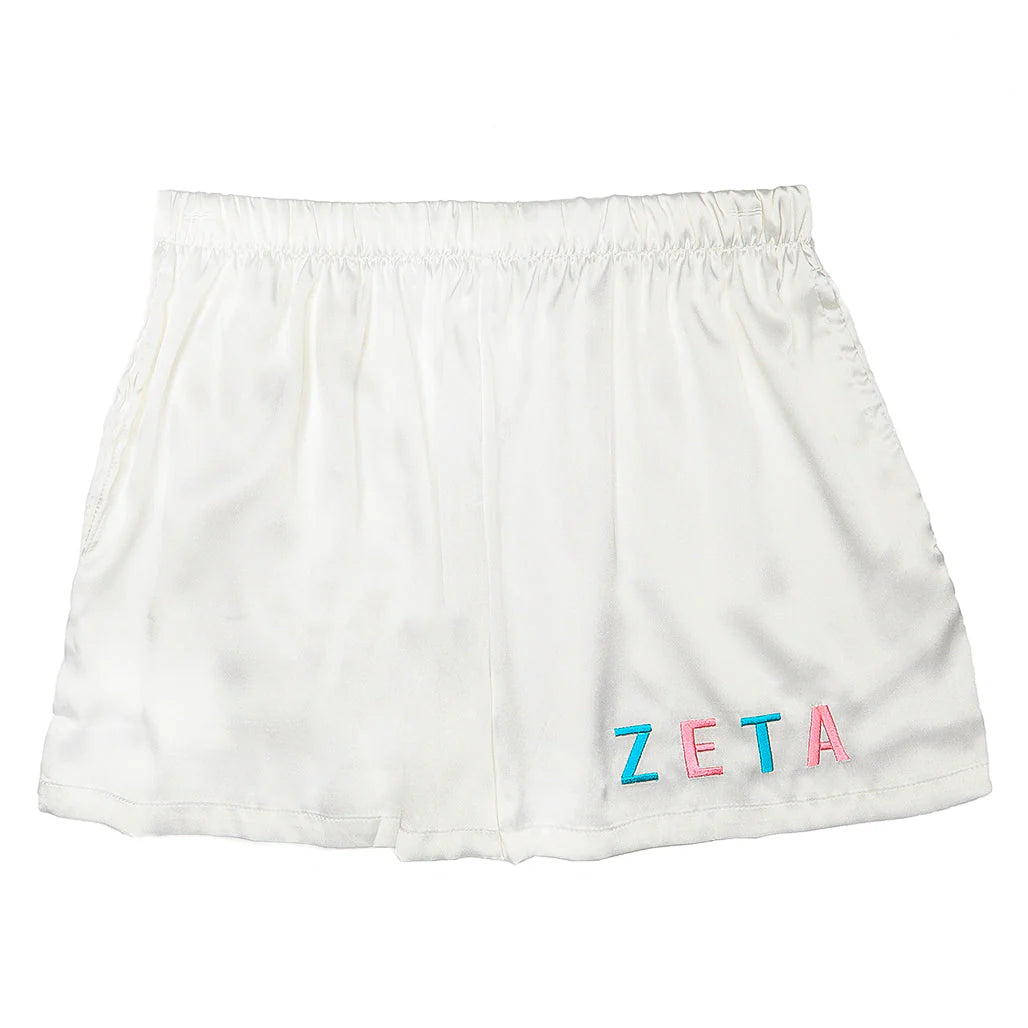 Sorority Embroidered Satin Shorts, Assorted