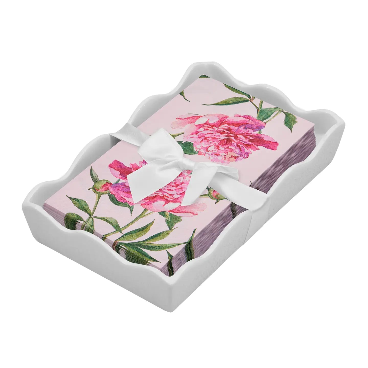 Ceramic Wave Napkin Tray with Guest Towel - Pink Peonies