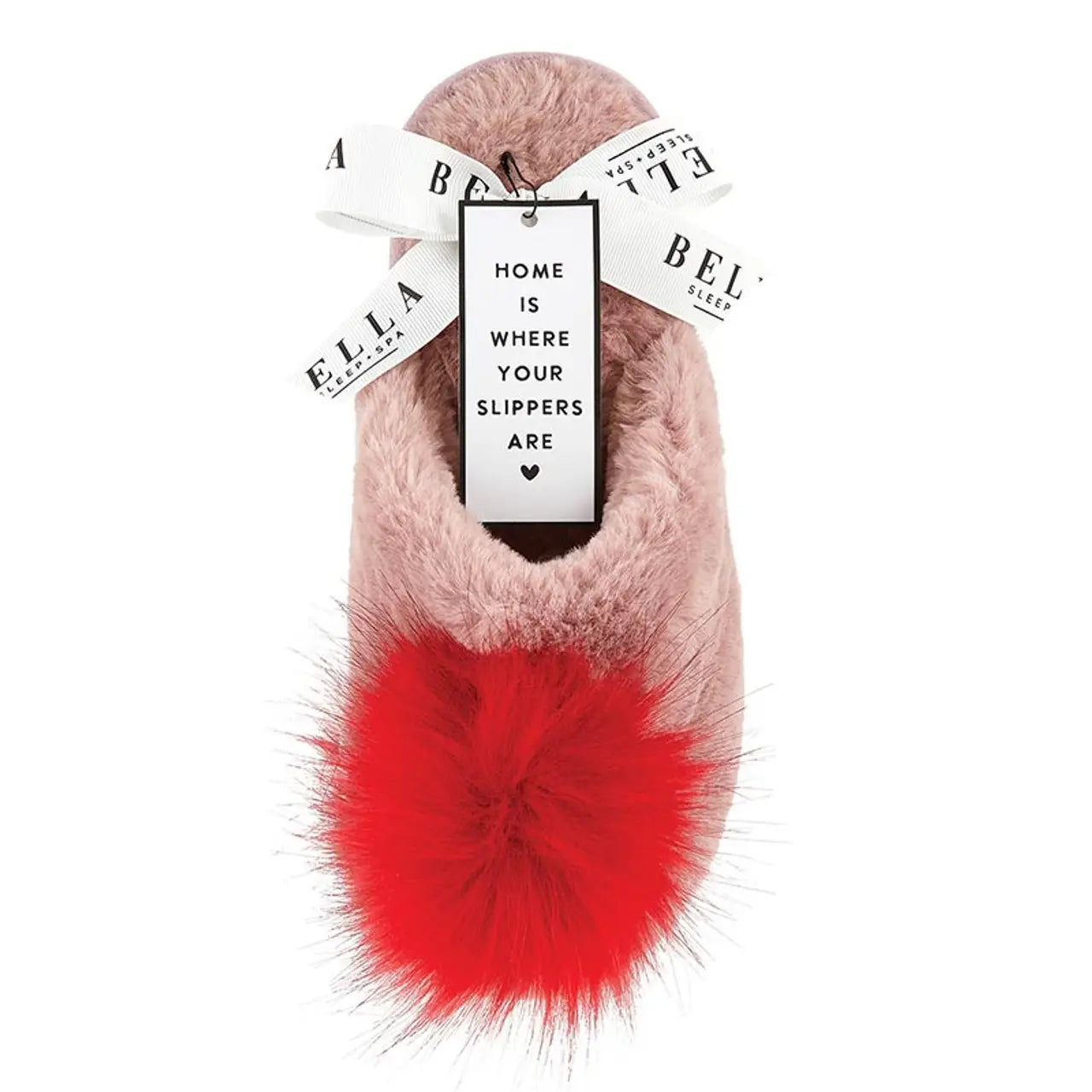 Plush Slippers - Blush + Red Pom Pom