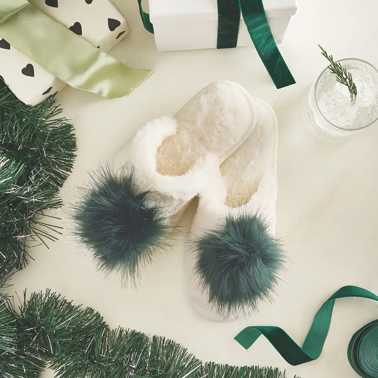 Plush Slippers - Ivory + Forest Green Pom Pom