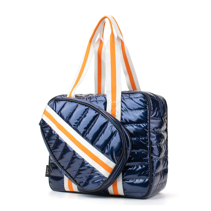 Lemonbella Judy Puffer Pickleball Bag – Striped 14x11 Inch Tote With Zippered Compartments, Court White