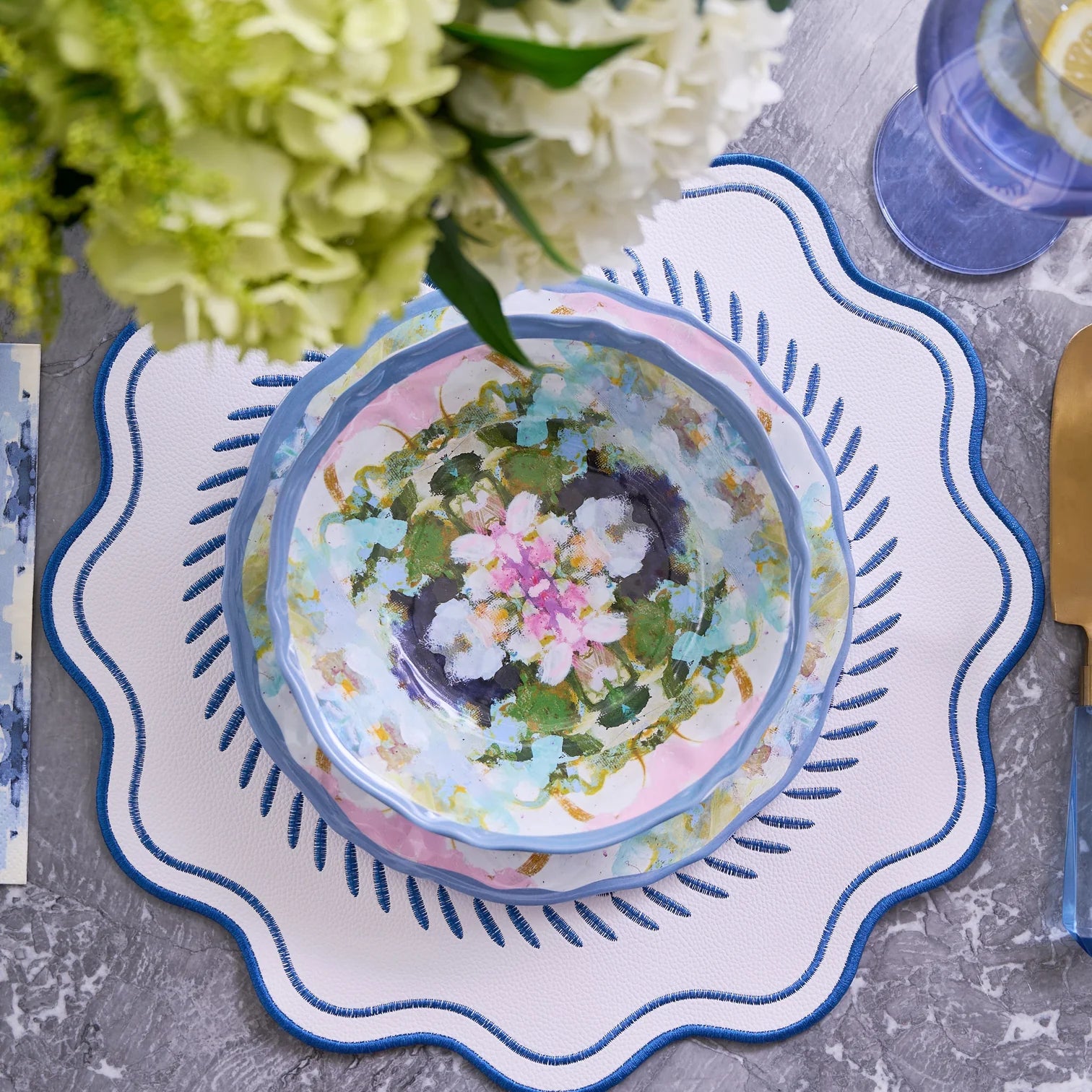 Scalloped Embroidered Feather Placemats (Set of 4)