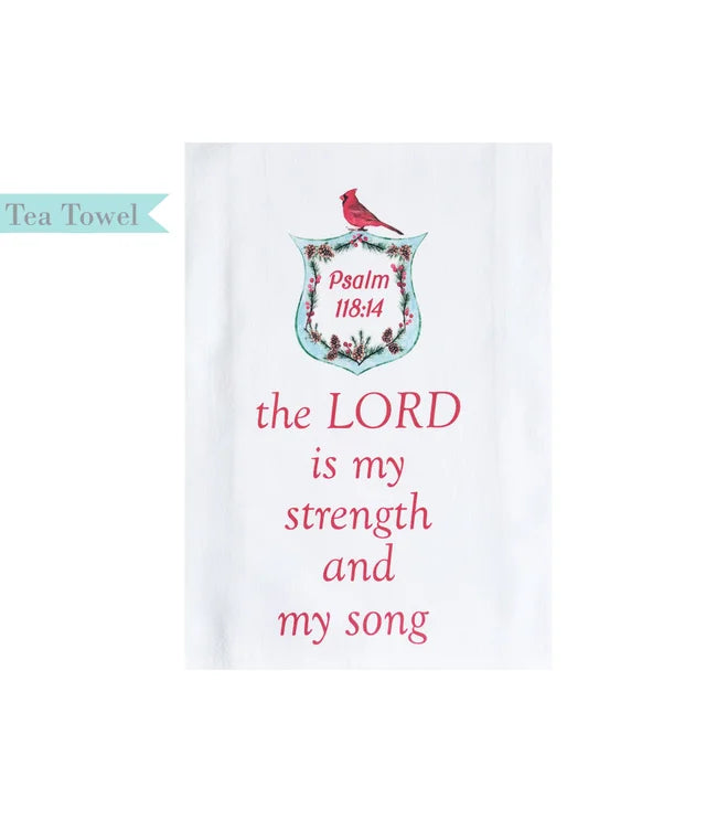 Tea Towel Flower Crest with Bible Verse: Psalm 118:14 the Lord is my strength & song