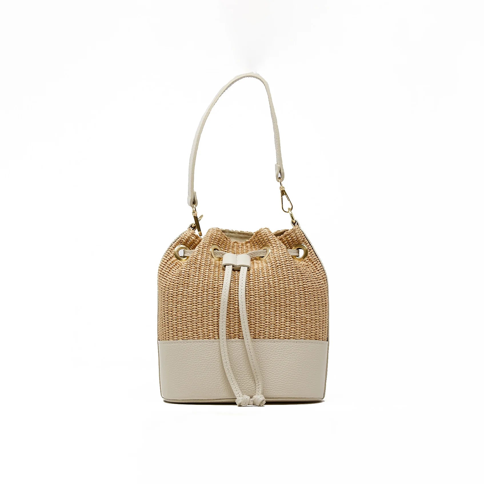 GENUINE ITALIAN LEATHER AND RAFFIA BUCKET BAG