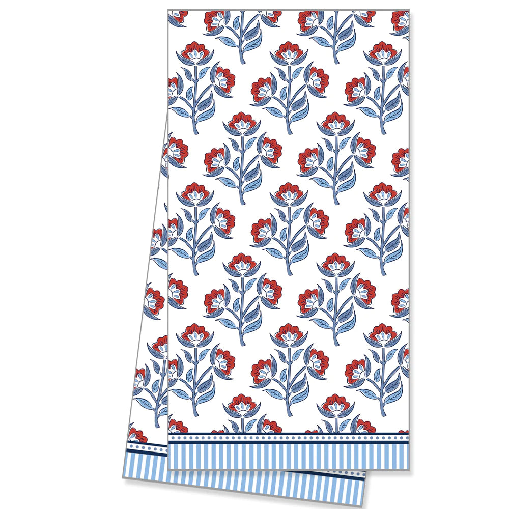 Red Floral Block Print Tea Towel
