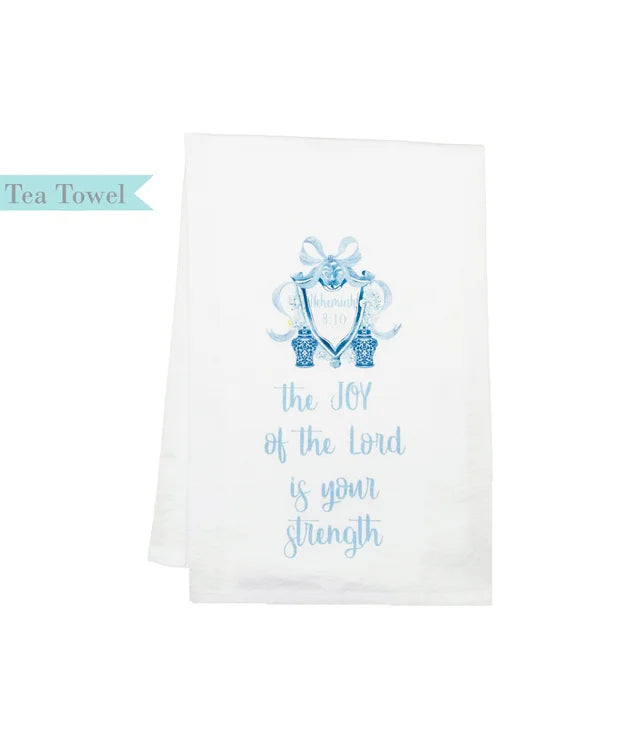 Tea Towel Ginger Jar Crest with Bible Verse: Nehemiah 8:10 JOY of the Lord