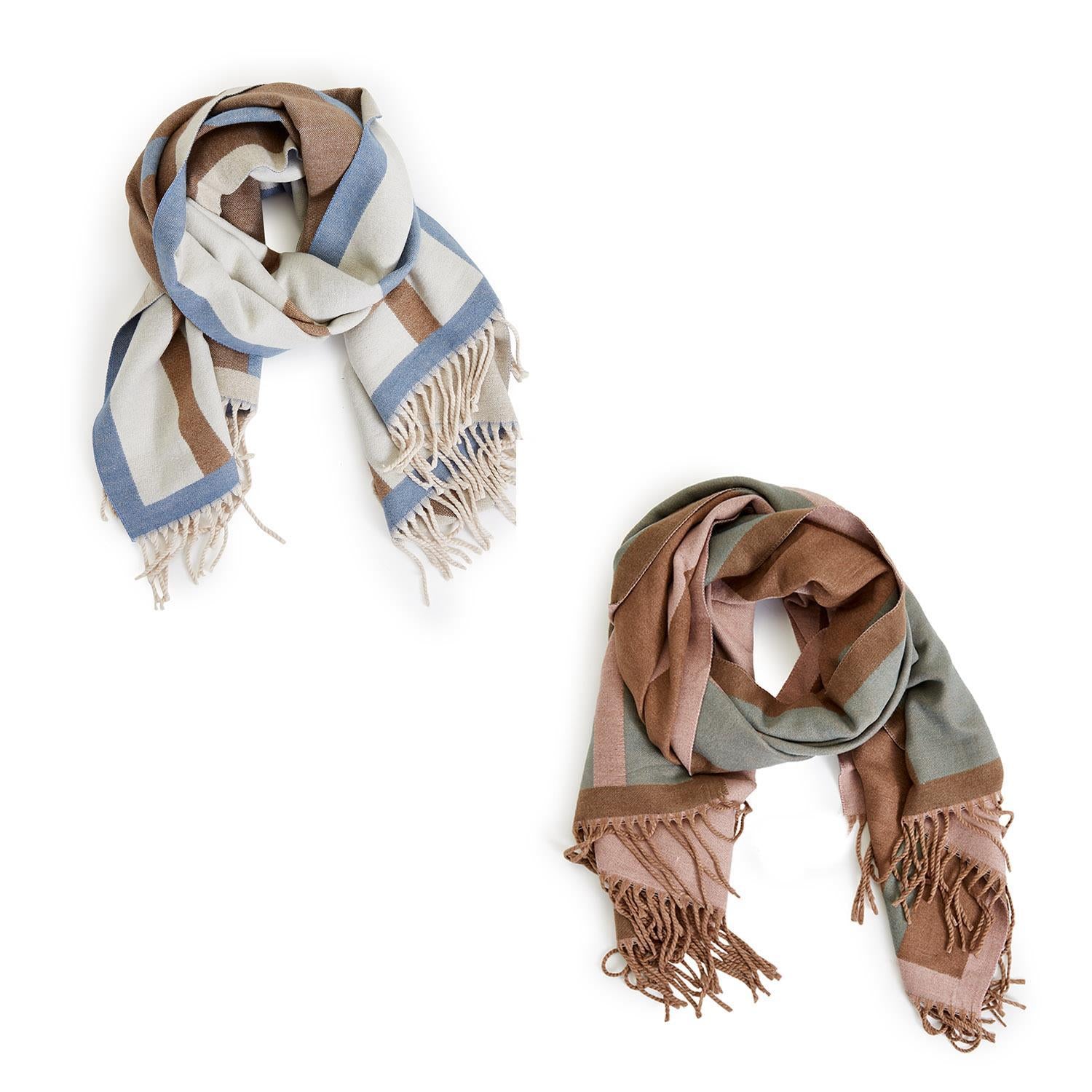 Reversible Scarf with Tassels Assorted 2 Colors: Ivory and Brown