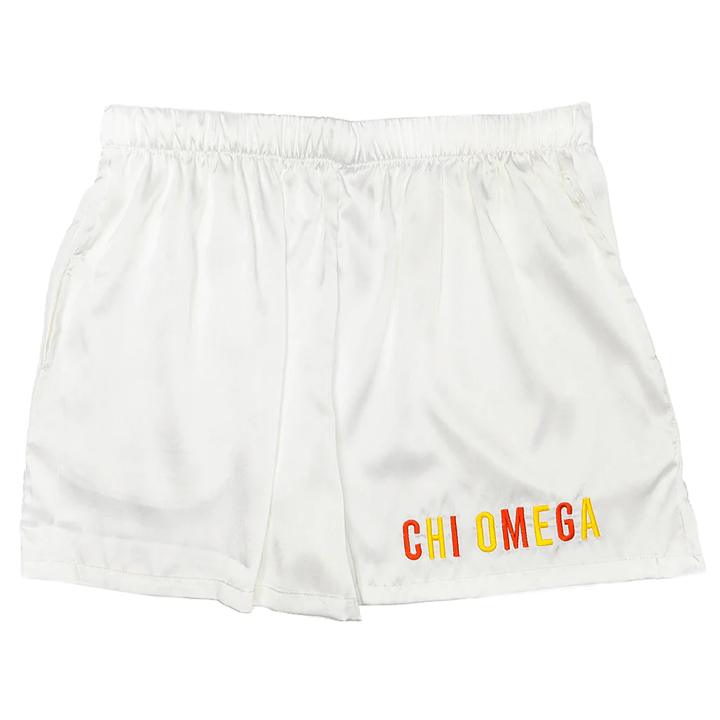 Sorority Embroidered Satin Shorts, Assorted