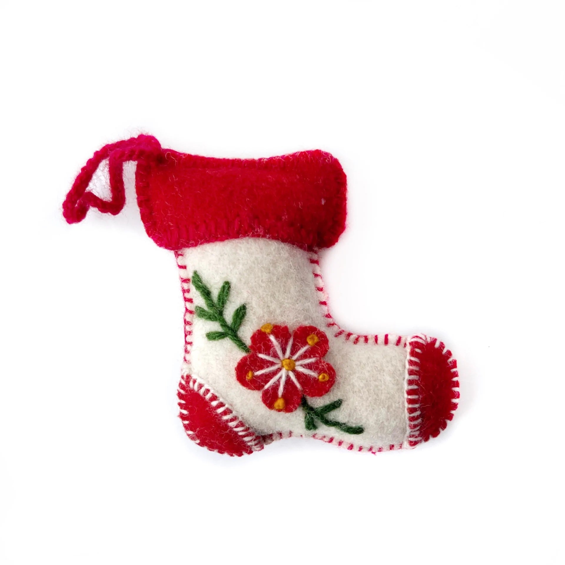 White Stocking Embroidered Wool Ornament