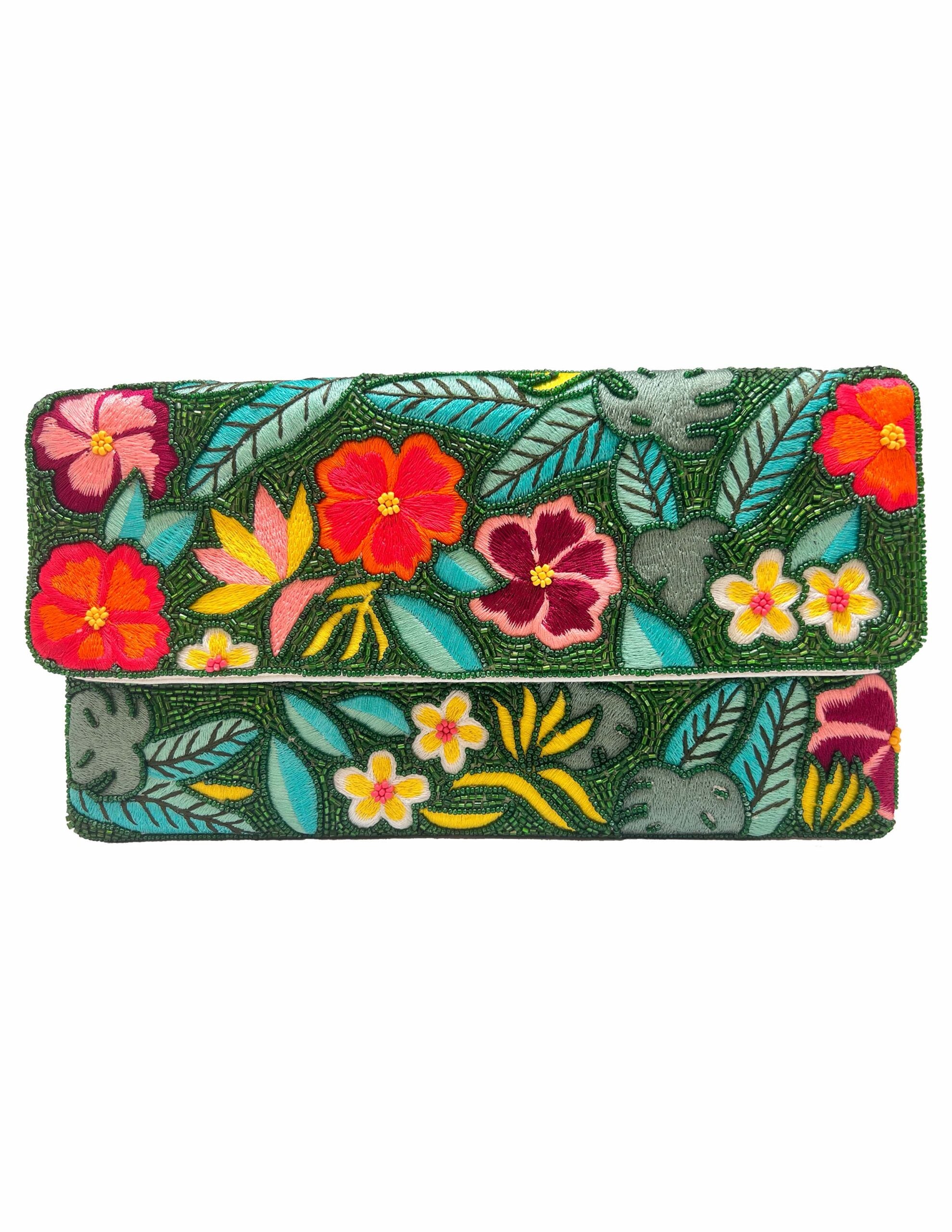 Tropical Green Floral Beaded Clutch