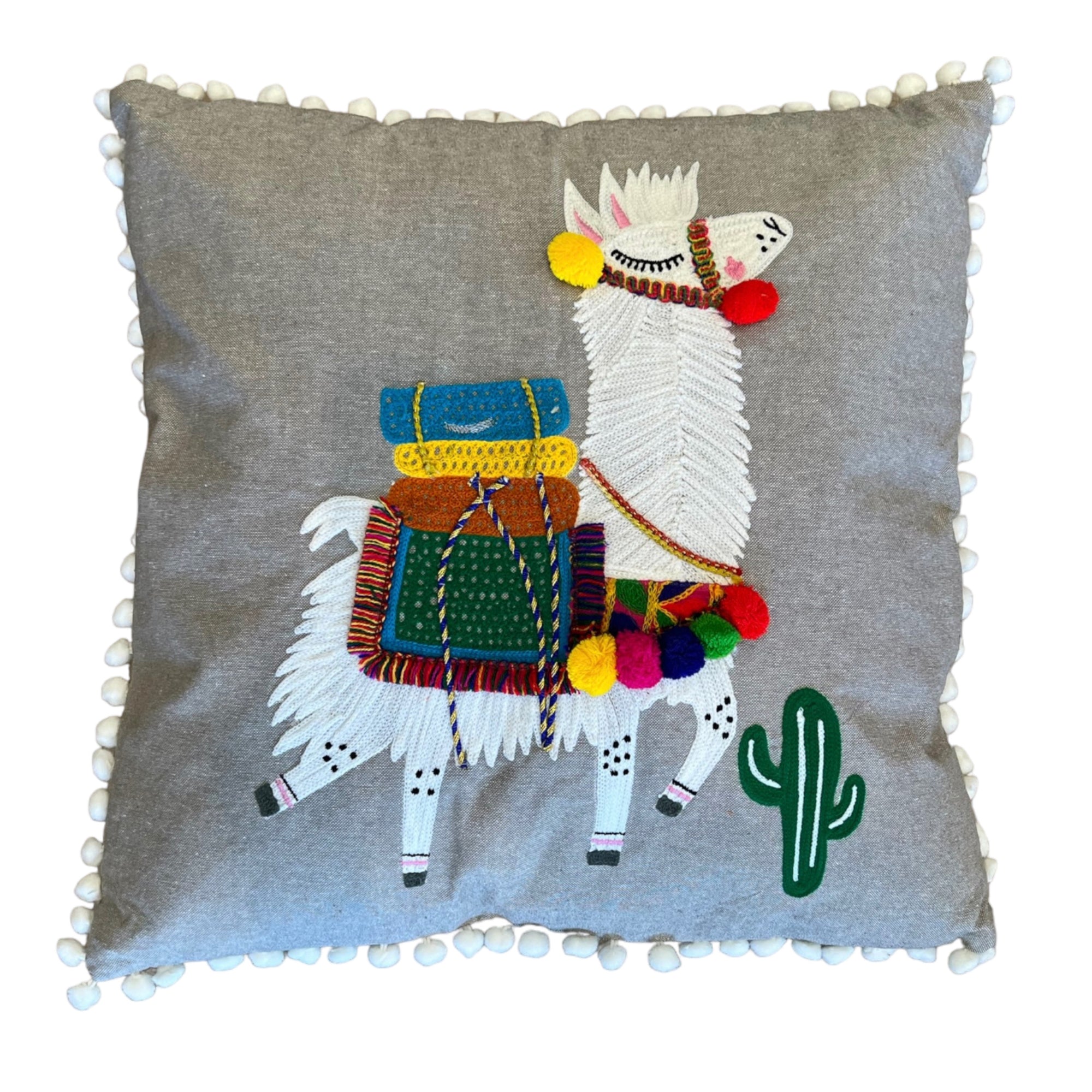 Embroidered Lama Pillow with Pom Poms