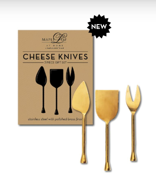 Cheese Knives 3 Piece Gift Set - Stainless Steel with Polished Brass