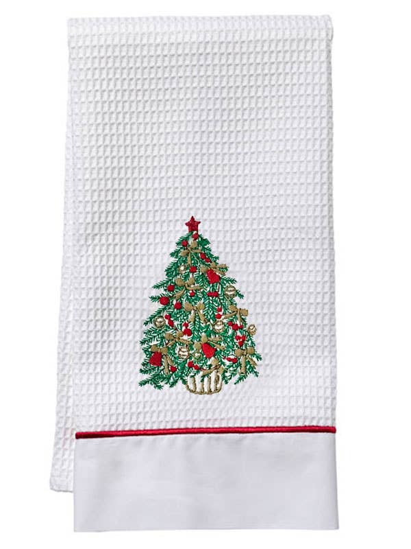 Guest Towels, Waffle Weave and Satin Trim - Christmas Tree